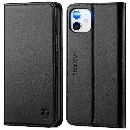 SHIELDON iPhone 11 Case, iPhone 11 Wallet Case, Genuine Leather Magnetic Cover Kickstand RFID Blocking Card Slot with TPU Shockproof Protective Cover Compatible with iPhone 11 (6.1 Inch, 2019) - Black