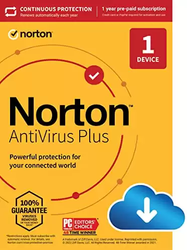 Norton AntiVirus Plus, 2023 Ready, Antivirus software for 1 Device with Auto-Renewal - Includes Password Manager, Smart Firewall and PC Cloud Backup [Download]