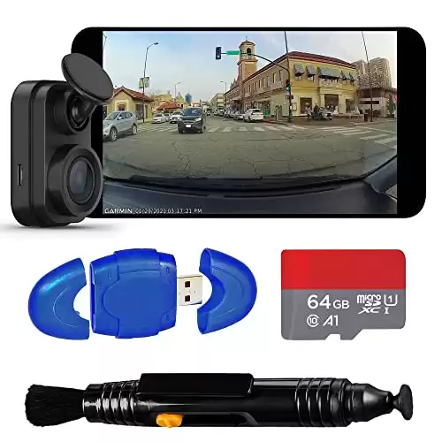 Digital Village Garmin Dash Cam Mini 2, 1080p, 140-degree FOV, Incident Detection Recording Bundle with SanDisk 64gb Card, High Speed Card Reader, Camera Lens Pen