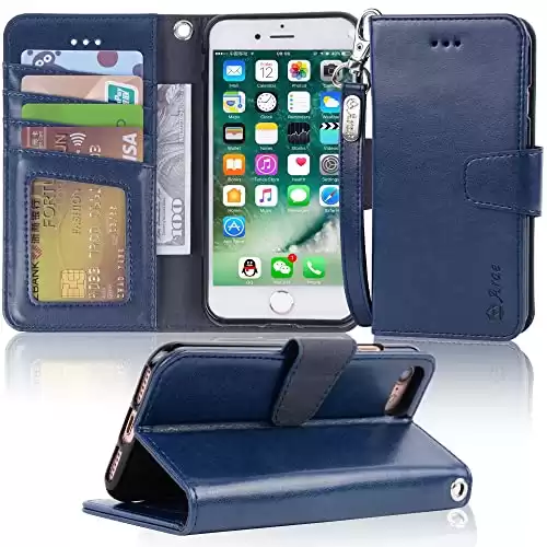 Arae Case for iPhone 7 / iPhone 8 / iPhone SE3 2022 / iPhone SE 2020, Premium PU Leather Wallet Case with Kickstand and Flip Cover for iPhone 7/8 / SE 3rd Generation/SE 2020 4.7 inch, Blue