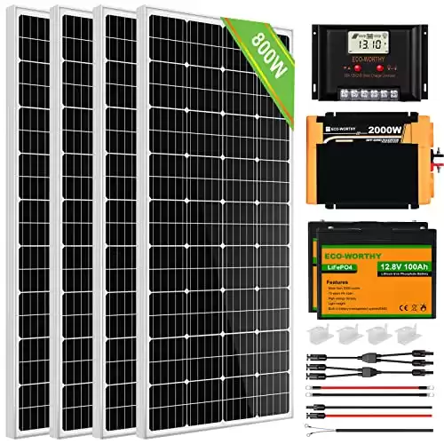 ECO-WORTHY 3.2KWH 800W Solar Panel Kit System for Home House: 4pcs 195W Solar Panels + 1pc 2000W Solar Inverter + 1pc 60A Solar Controller + 2pc 12V 100Ah Lithium Battery