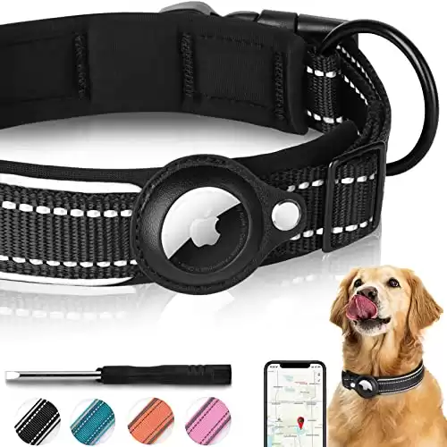 Reflective AirTag Dog Collar, FEEYAR Padded Apple Air Tag Dog Collar, Heavy Duty Dog Collar with AirTag Holder Case, Adjustable Air Tag Accessories Pet Collar for Small Medium Large Dogs (M(15'&#...