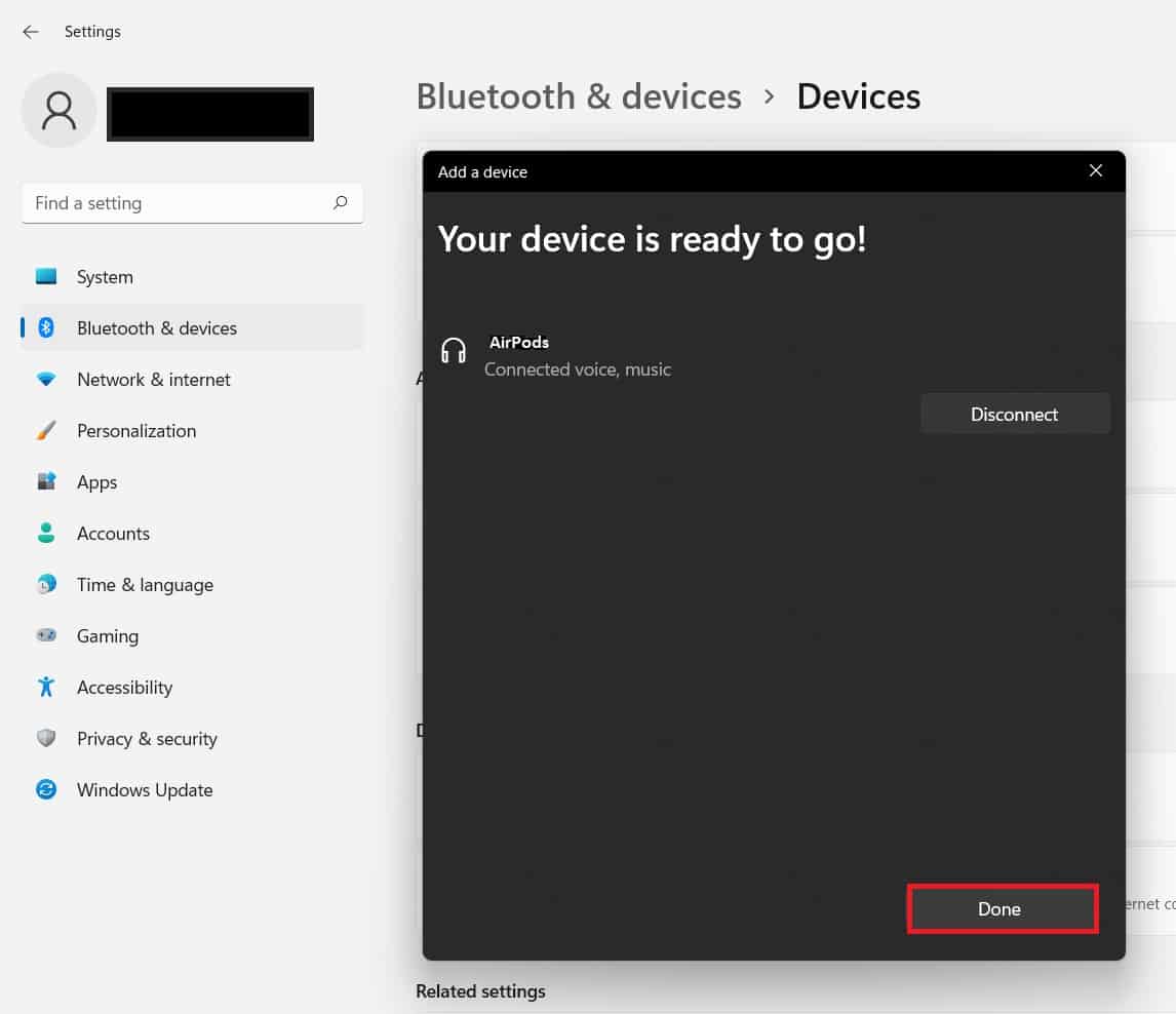Image showing when AirPods are connected to Surface Pro. Click done.