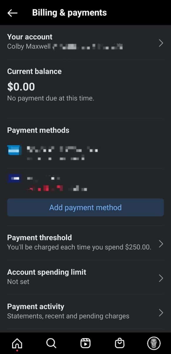 Instagram ad payment settings