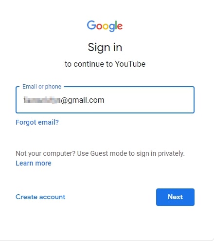 Screenshot of the Google Sign In screen for YouTube.