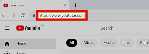 Screenshot of the YouTube home screen with the YouTube URL highlighted.