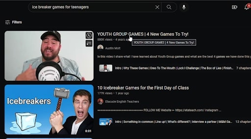 Screenshot of a search example on YouTube.
