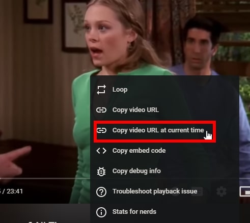 Screenshot of the right-click menu on a YouTube video with the option to copy the video URL highlighted.