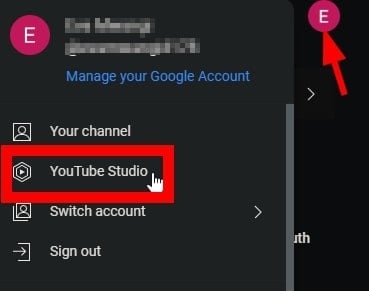 Screenshot of the profile menu for a YouTube account with the YouTube Studio option highlighted.