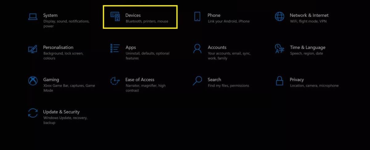Image showing Devices under All Settings on Surface Pro with Windows 10.