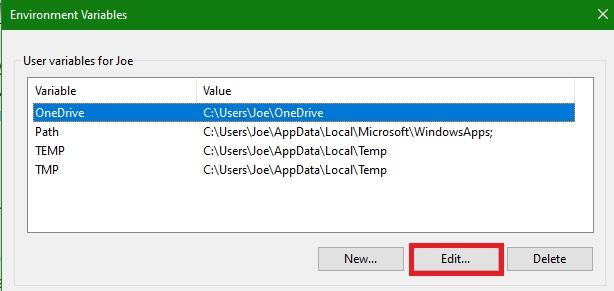Locate the Environment Variable and click Edit