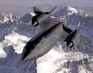 SR-71 Blackbird flying over the snow-covered southern Sierra Nevada Mountains