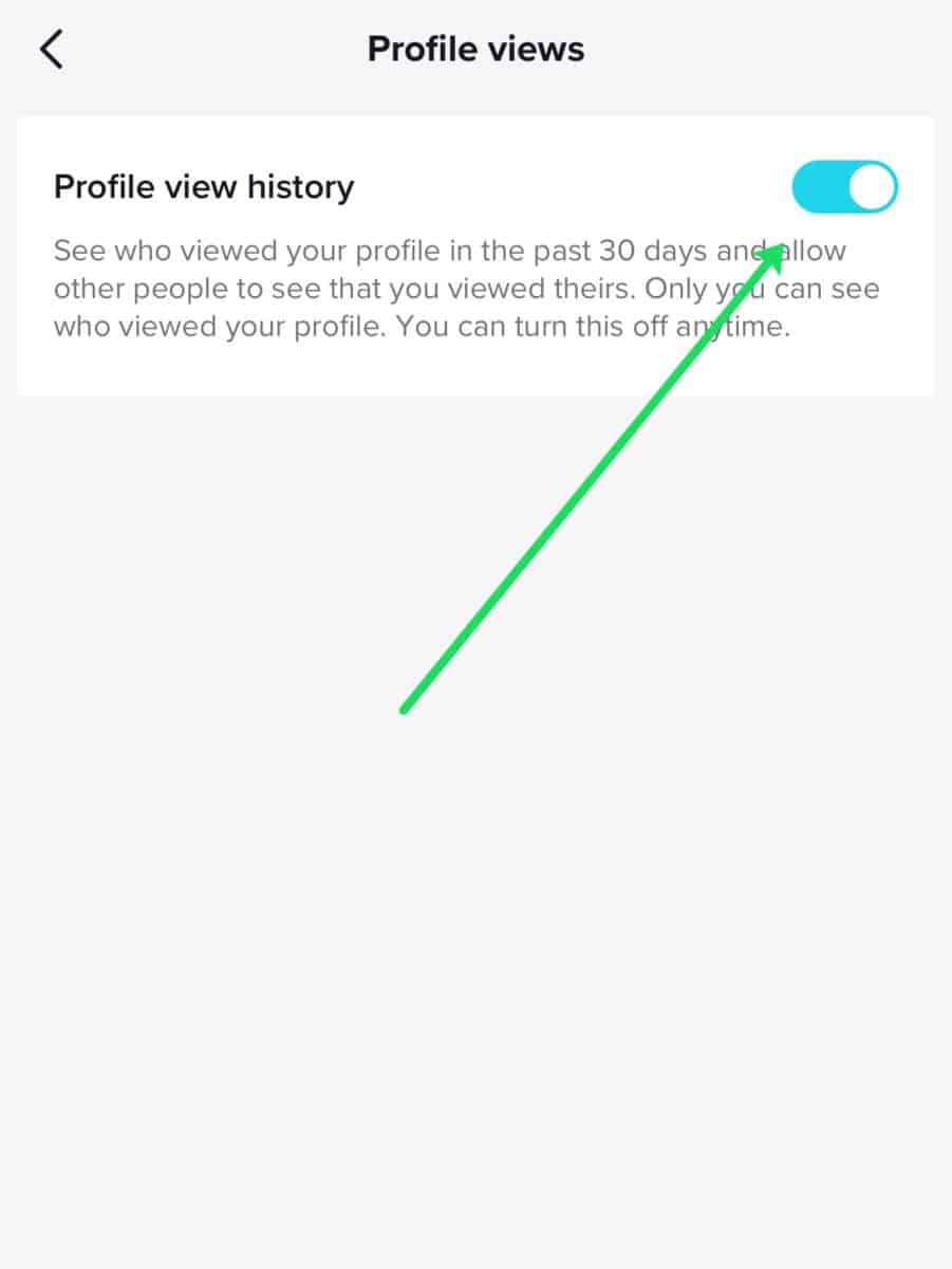 Toggle Profile view history ON, making it green.