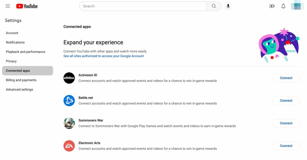 youtube connected apps settings