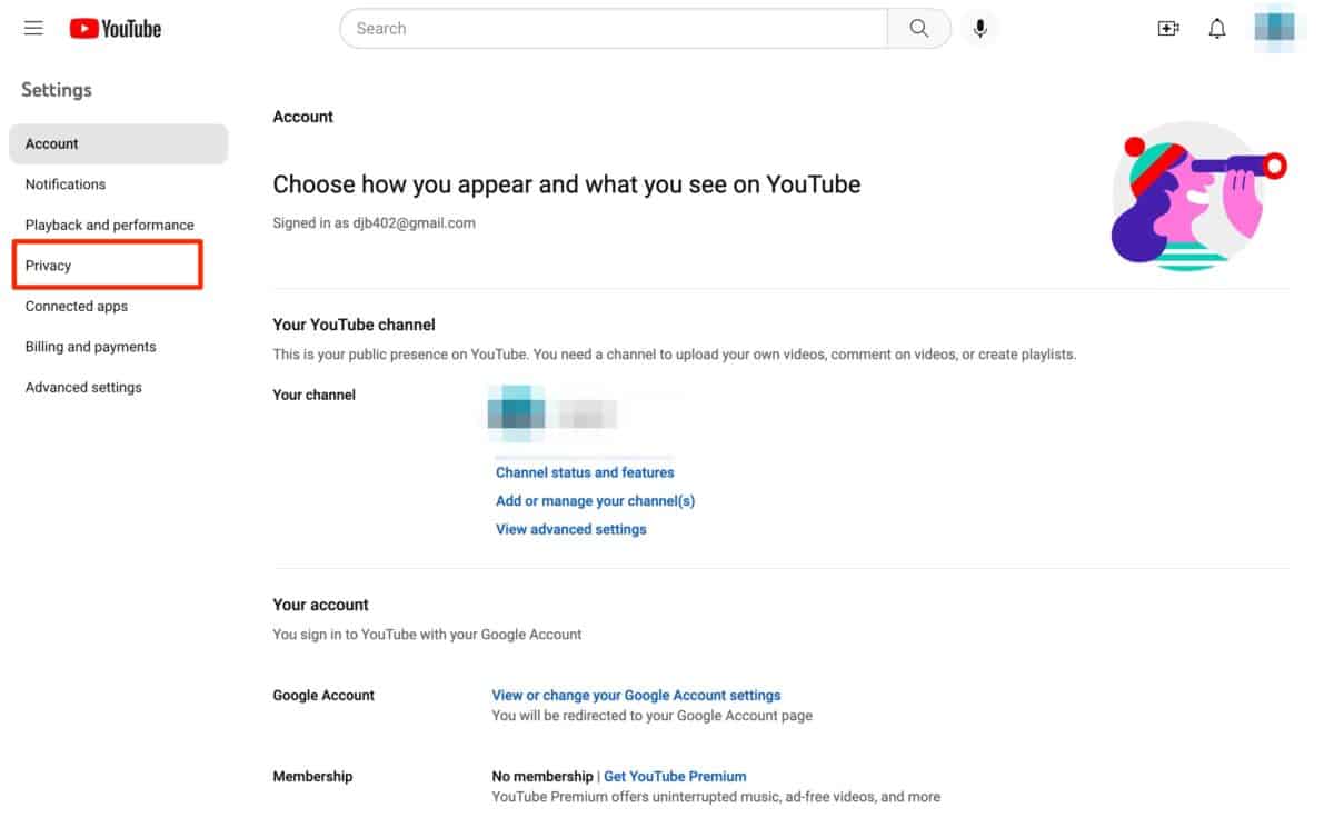 change youtube privacy settings