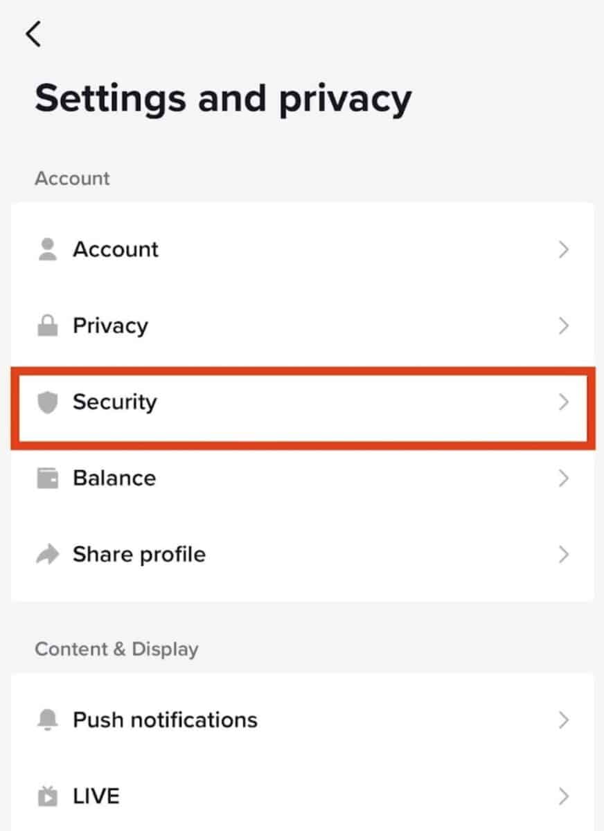 Image showing security under settings and privacy options on TikTok.