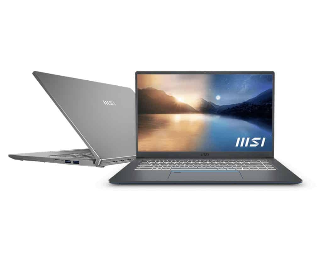 gray msi prestige 15 laptops next to each other