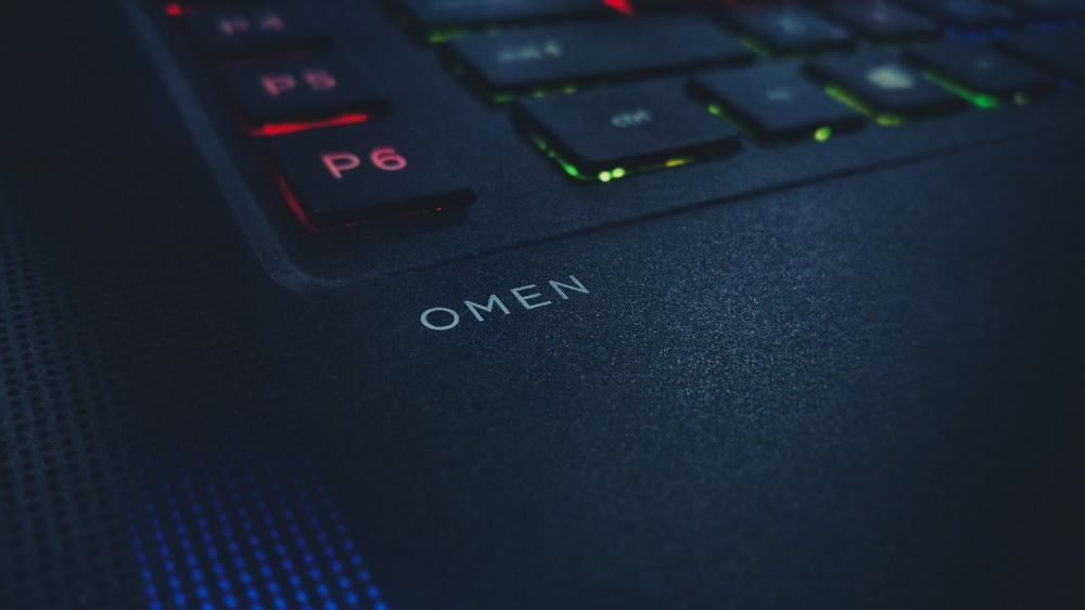 closeup of HP gaming laptop with omen logo