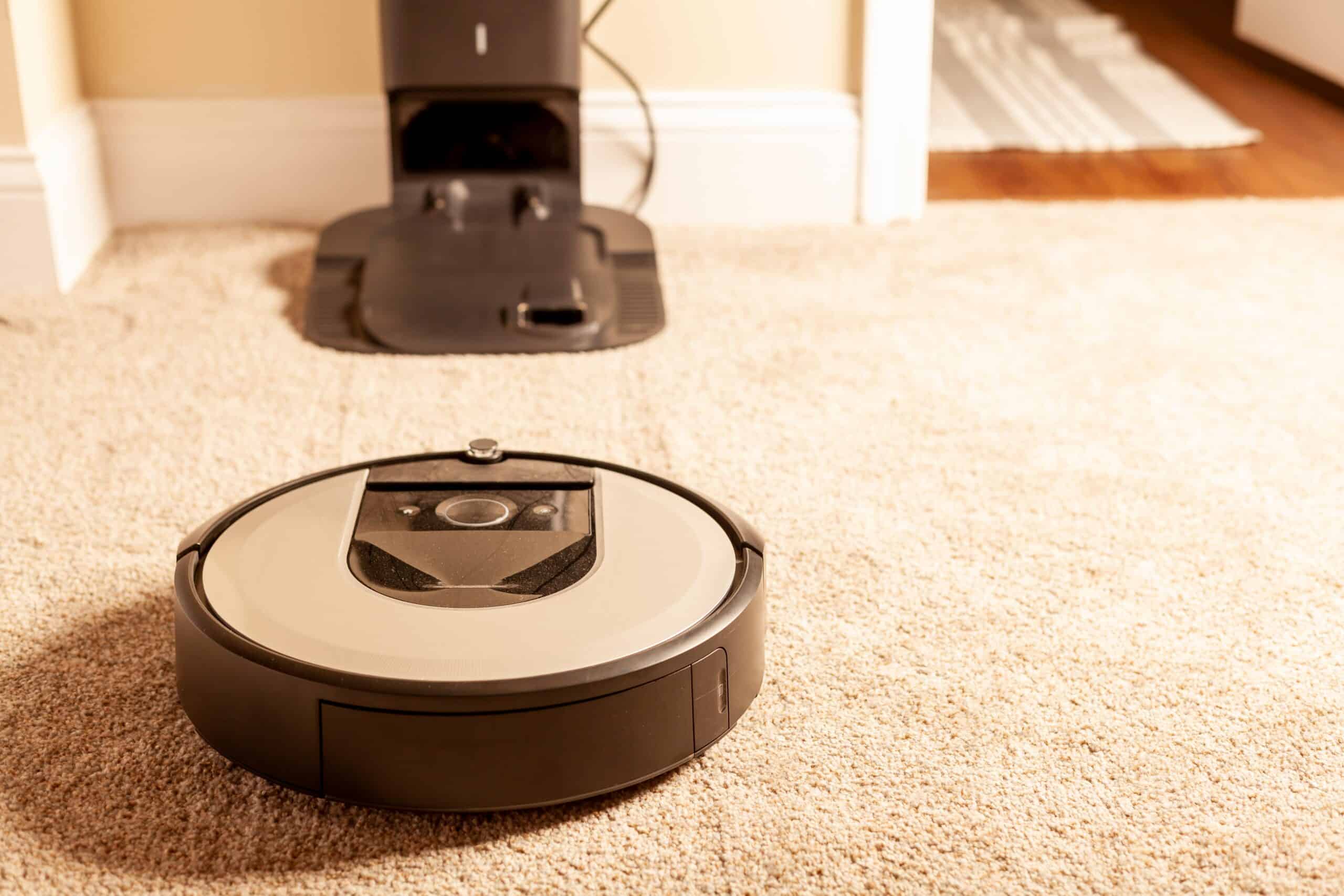 close up of a self emptying robotic vacuum cleaner
