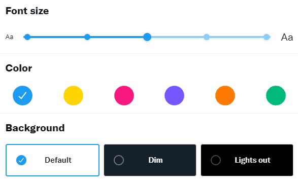 Image showing settings for font, color, background brightness on Twitter