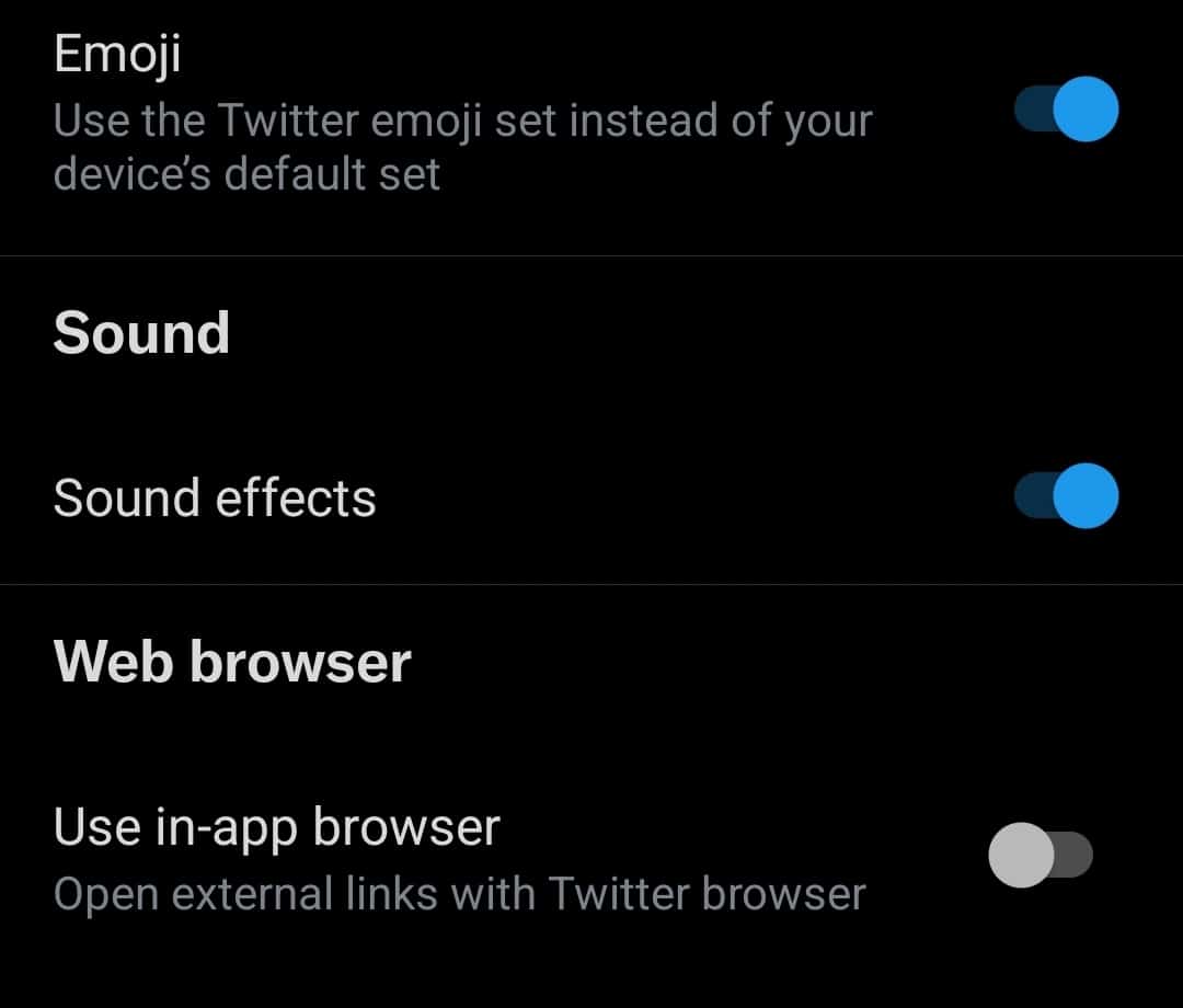 Image showing toggle for sound effects and option to use the in=app browser on Twitter.