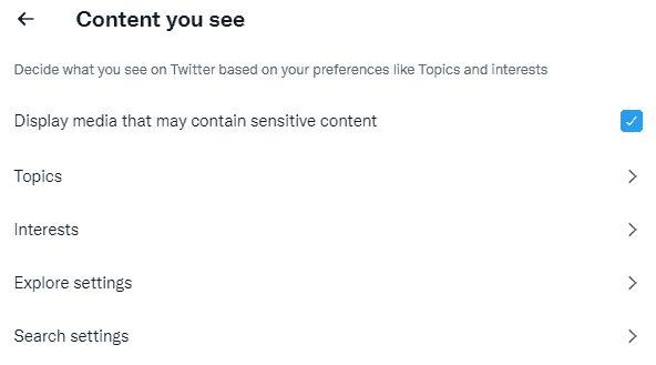 Image showing content preferences on Twitter.