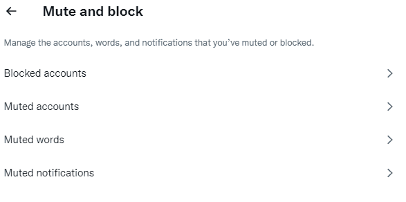 Mute and block settings on Twitter.