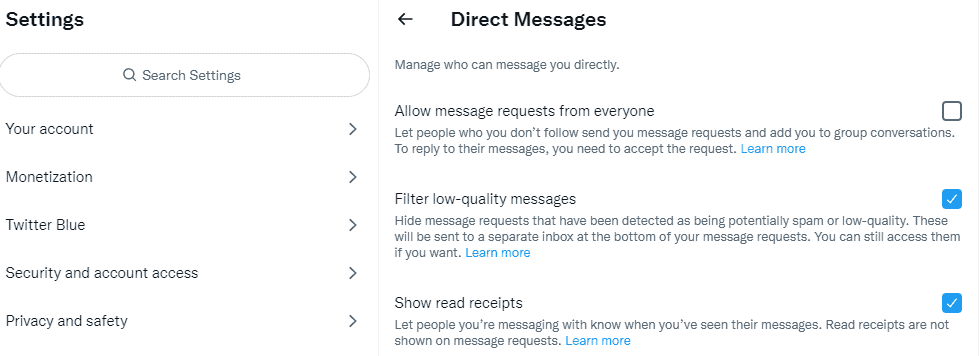 Direct Messages settings on Twitter.