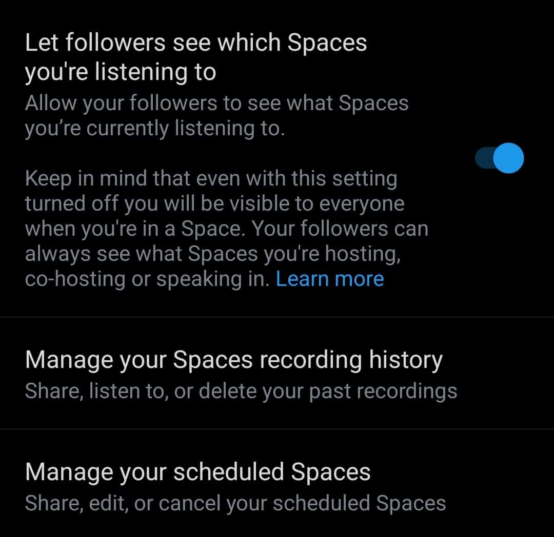 Settings to manage your spaces on Twitter.
