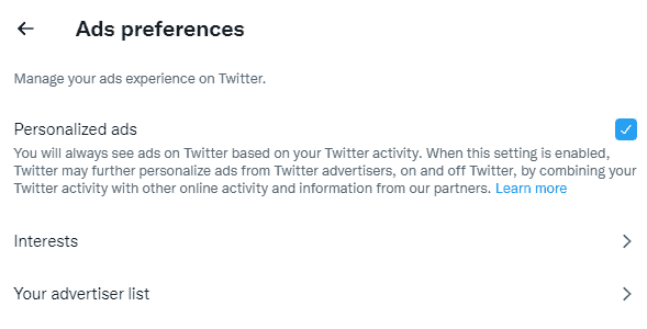 Settings to manage ad preferences on Twitter.