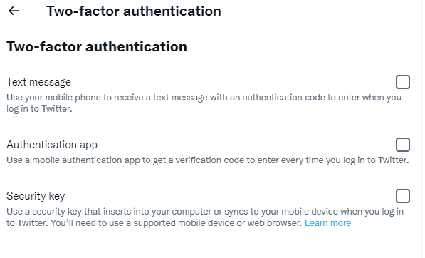 Checking the two-factor authorization options.