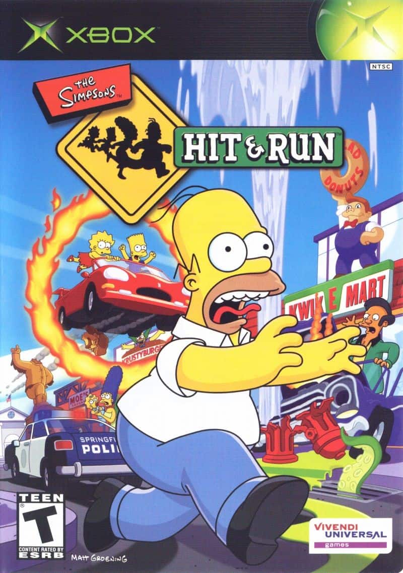 The front cover of the Simpsons: Hit and Run Xbox sandbox games