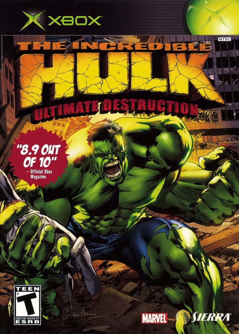 The front cover of the Incredible Hulk: Ultimate Destruction Xbox sandbox games