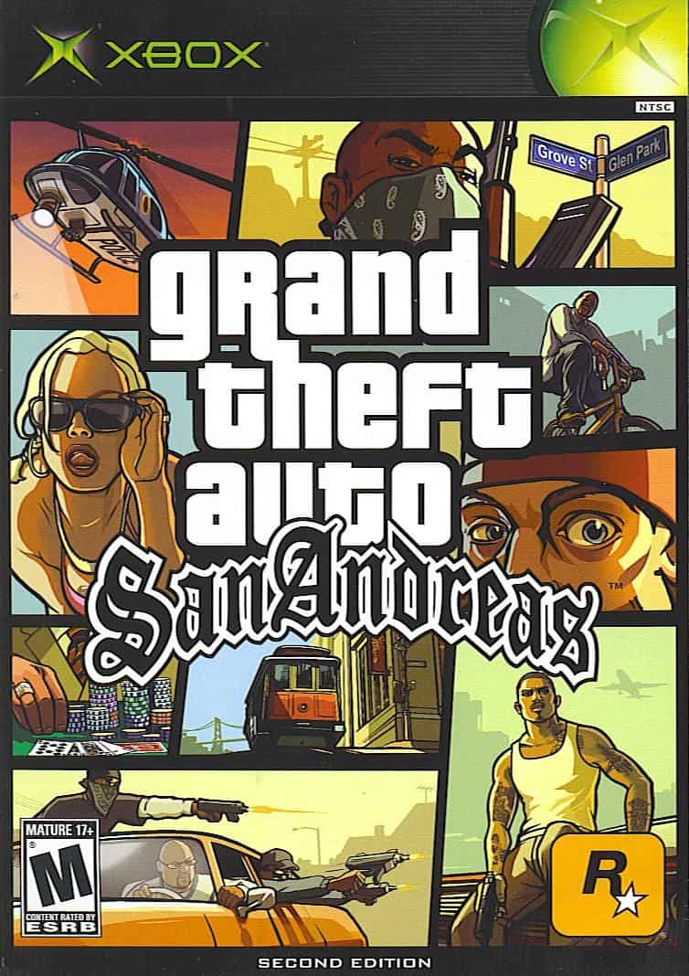 The front cover of the Grand theft auto: San Andreas Xbox sandbox games
