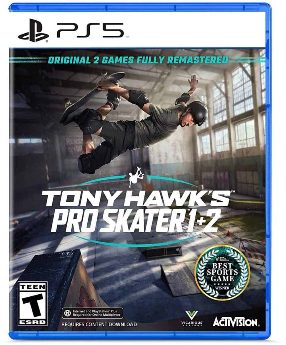 Front cover of the Tony Hawk's Pro Skater 1 + 2 PlayStation sports game