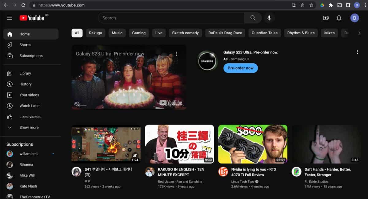 The YouTube home page is shown when YouTube is first opened.