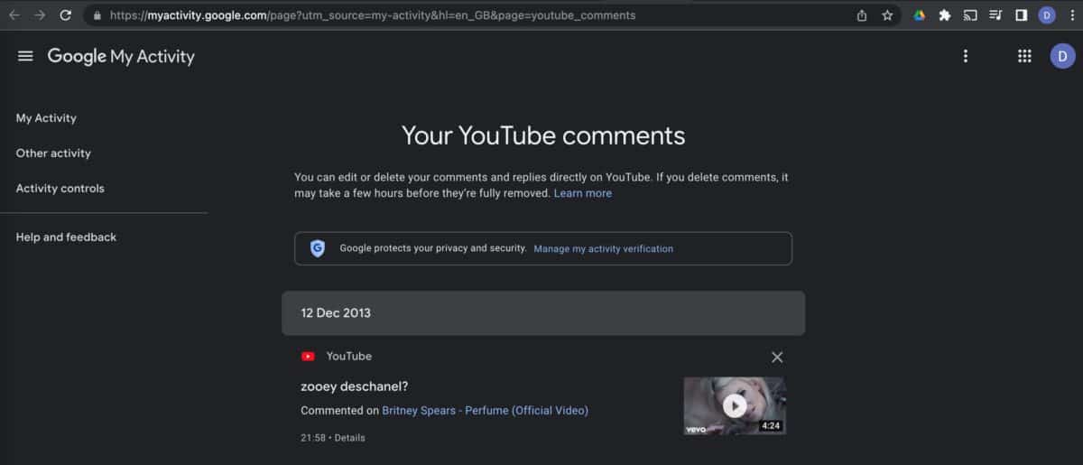 My YouTube comments on my Google activity timeline.