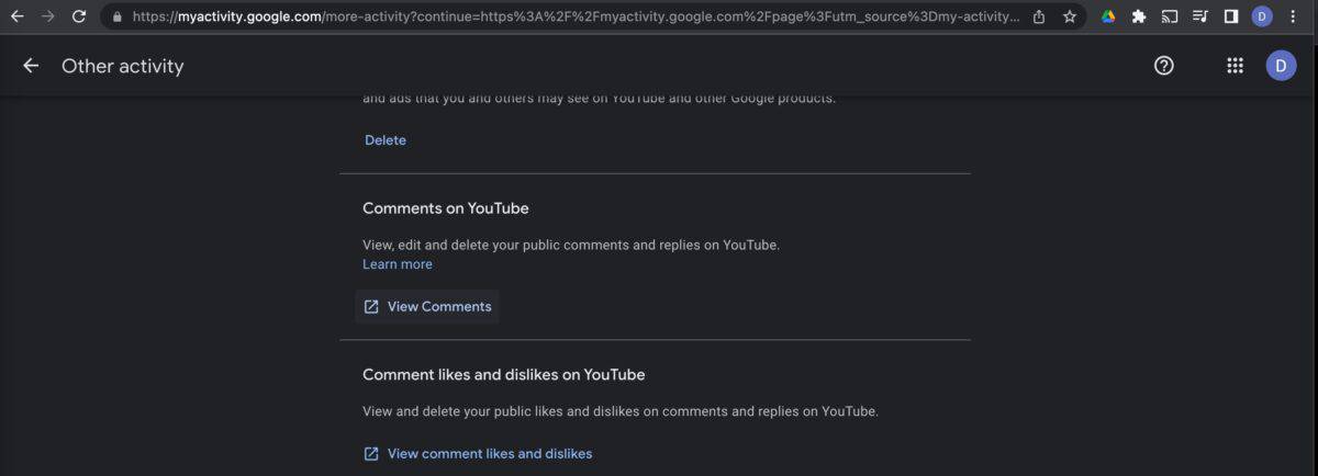 The "Comments on YouTube" section on the My Google Activity page.