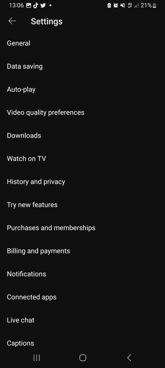 YouTube Settings on the mobile app.