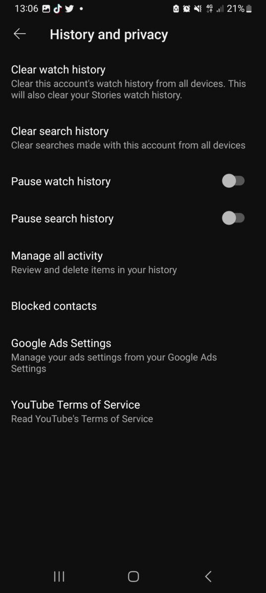 The History and Privacy menu of the YouTube mobile app