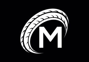letter m monogram with a car tire icon