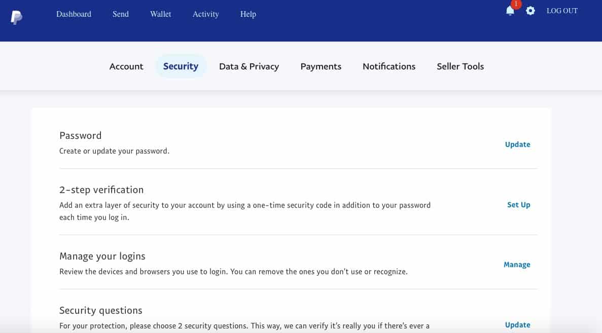 Change Password on PayPal, security setings