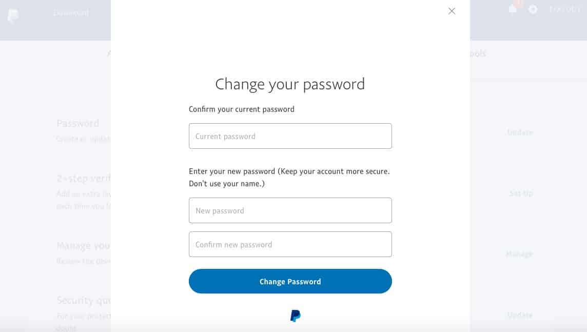 Change Password on PayPal, new password