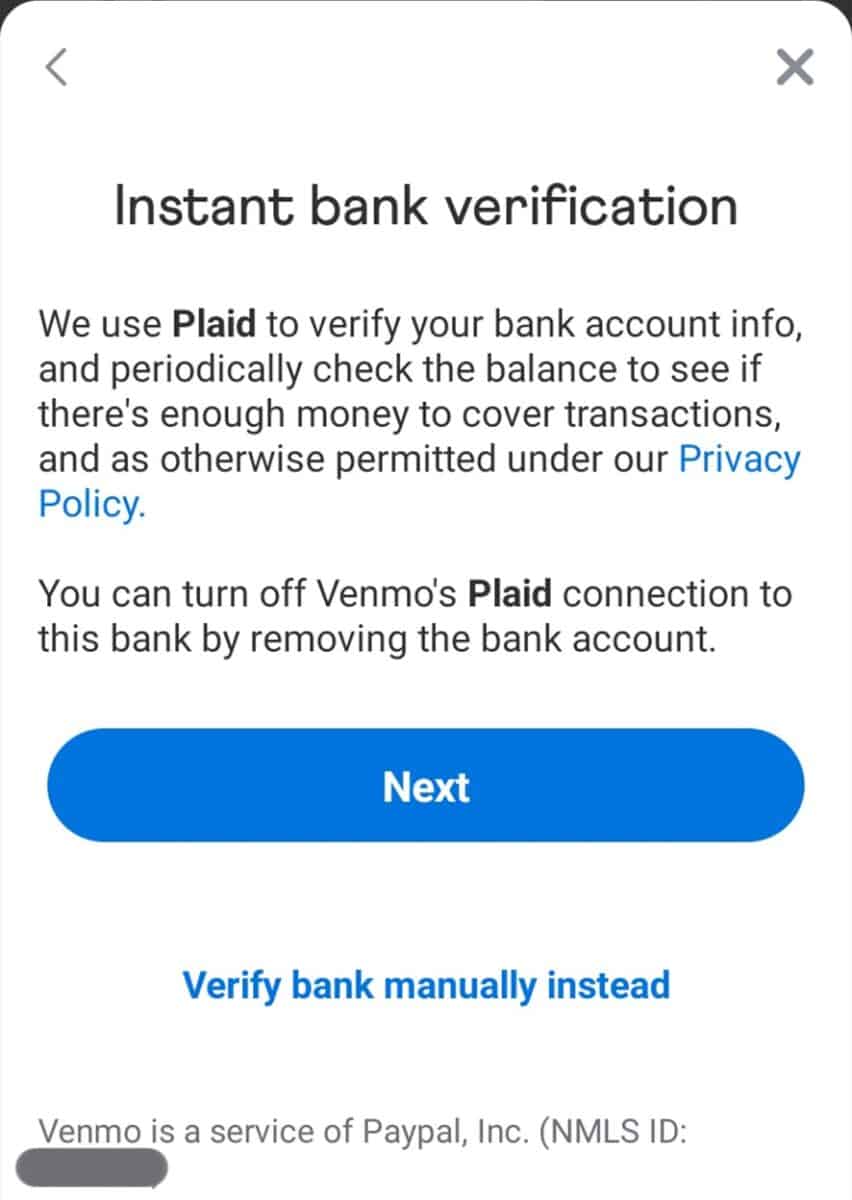 Transfer money from Venmo, bank verification