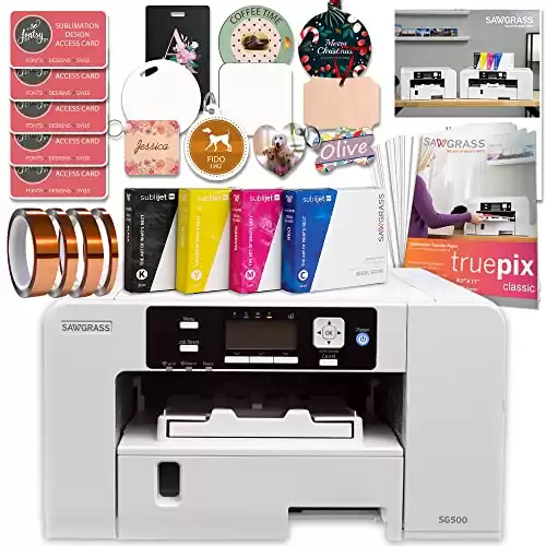 Sawgrass UHD Virtuoso SG500 Sublimation Color Printer Starter Bundle with Inks,Sublimation Paper,Tape,Blanks,Designs and Access to Exclusive Content,White