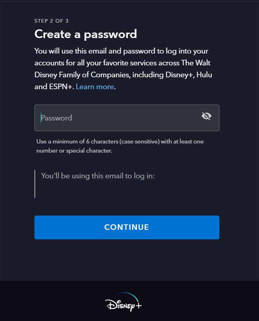 Disney Plus on a Samsung, Sign up - password