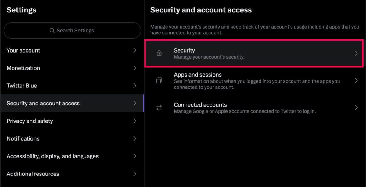 Secure Twitter account security settings menu web