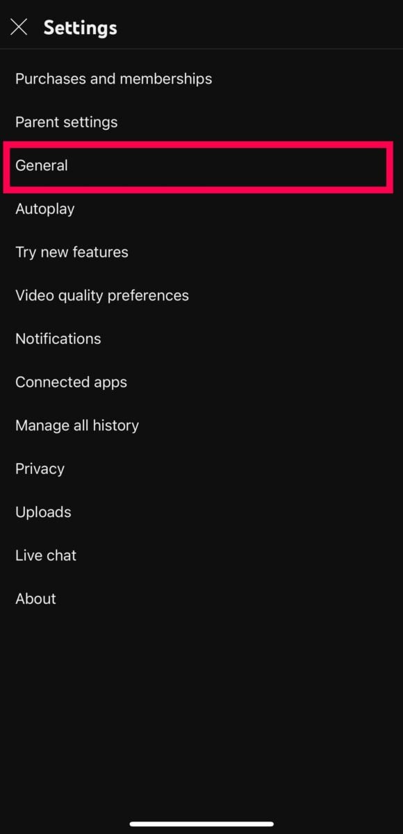 YouTube dark mode settings menu