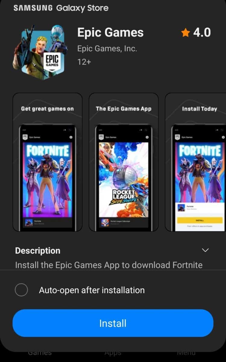 Image showing the Epic games app on the Galaxy store