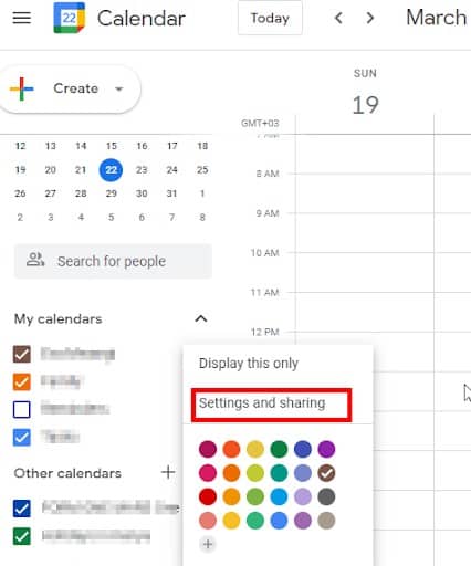 share your Google calendar, settings